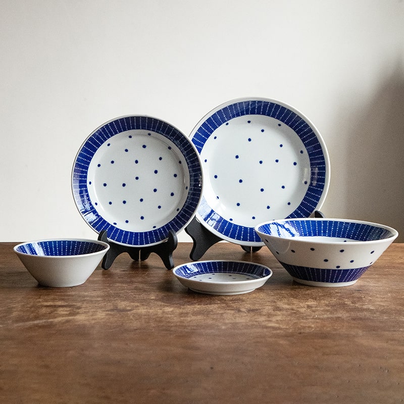 Japanese Cang series ceramic tableware set with blue and white design.