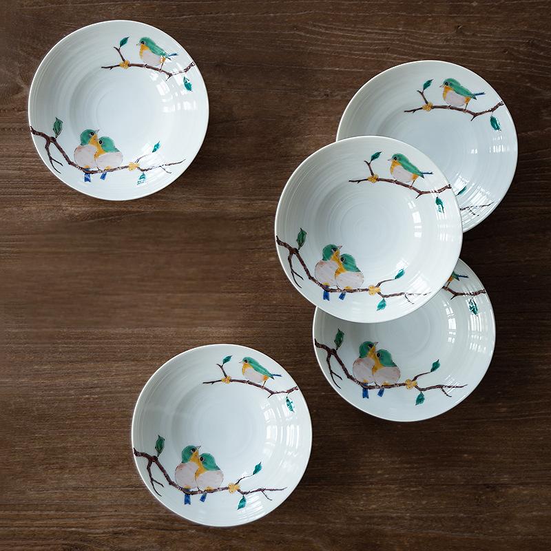 Hand-painted Kutani Ware bird-embroidered ceramic plate