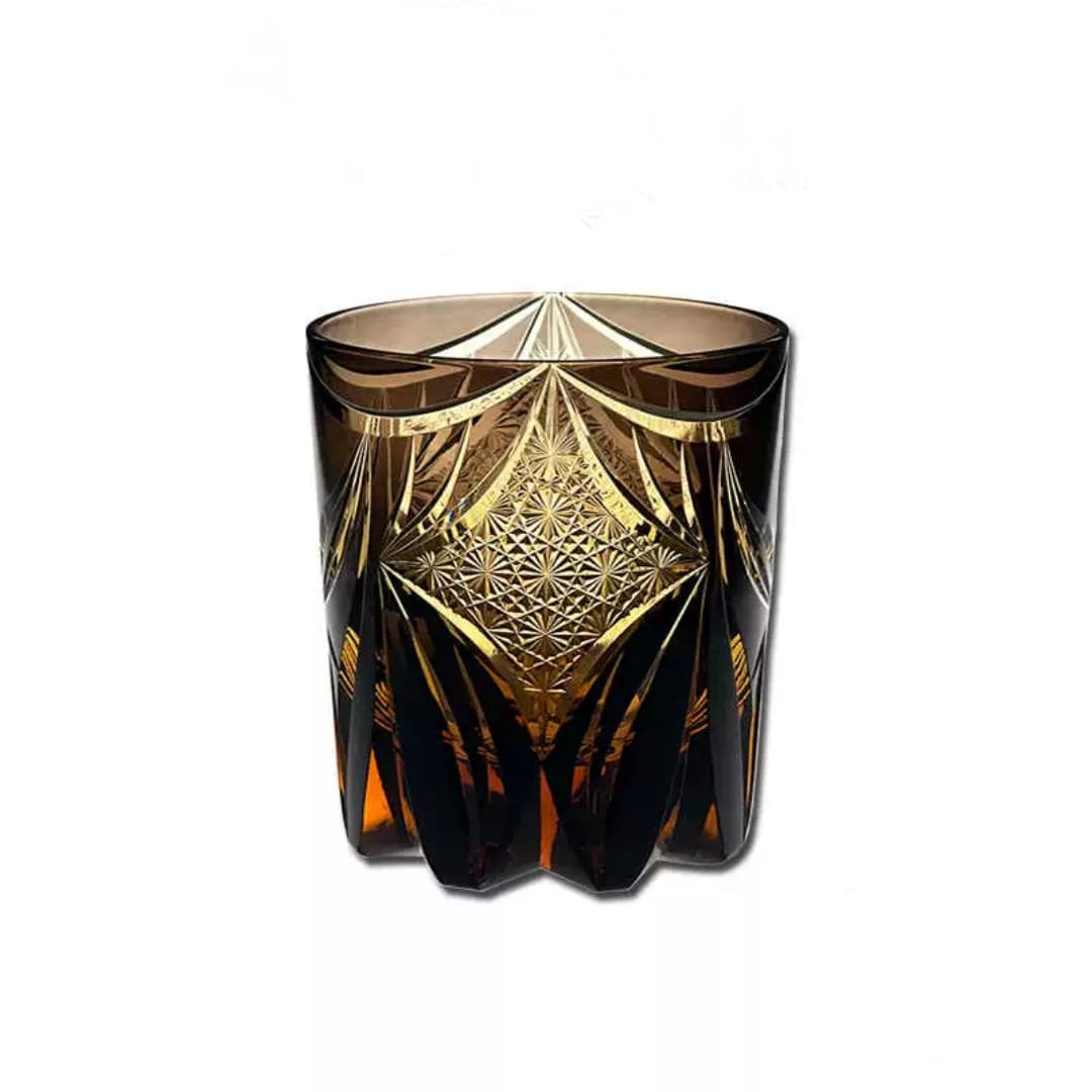 Handcrafted golden Edo Kiriko whiskey glass with traditional Japanese geometric patterns, 300mL capacity.