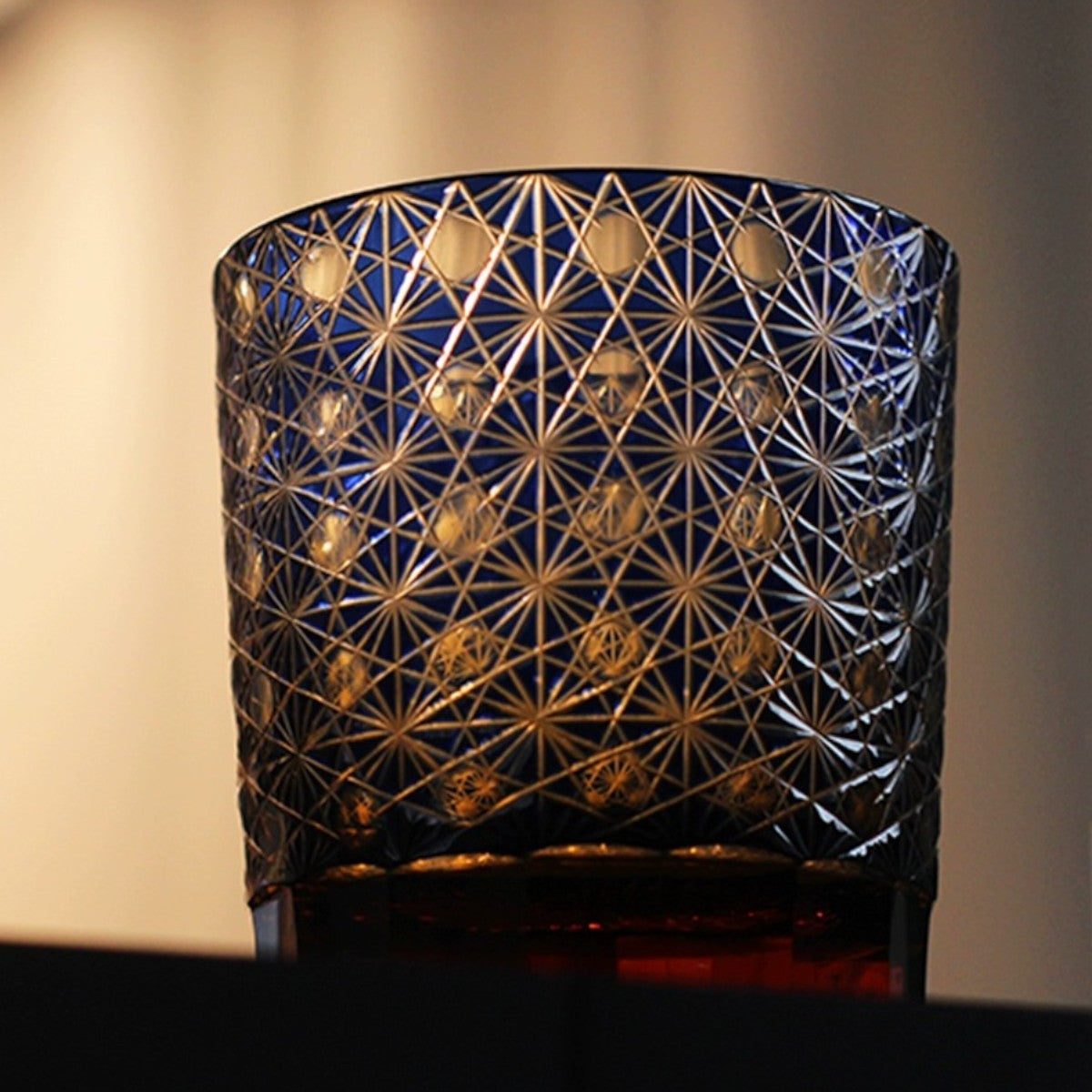 Amber and blue chrysanthemum whiskey glass with Edo Kiriko crystal cut pattern, 280mL capacity.