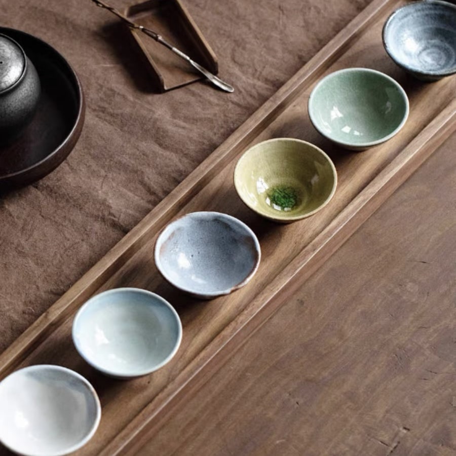 Handcrafted ceramic sake cup set in a premium wooden gift box.