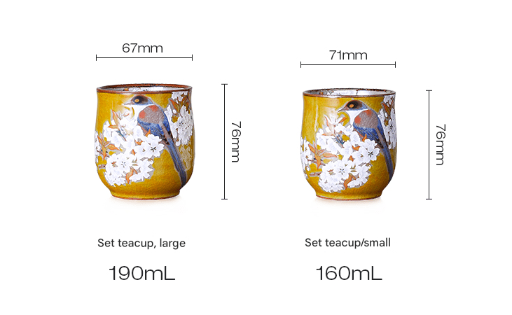 Pair of ceramic tea cups featuring vibrant bird motifs and white blossoms.