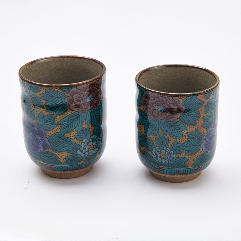 Artistic Bird and Floral Tea Cups - Japanese Ceramic Pair