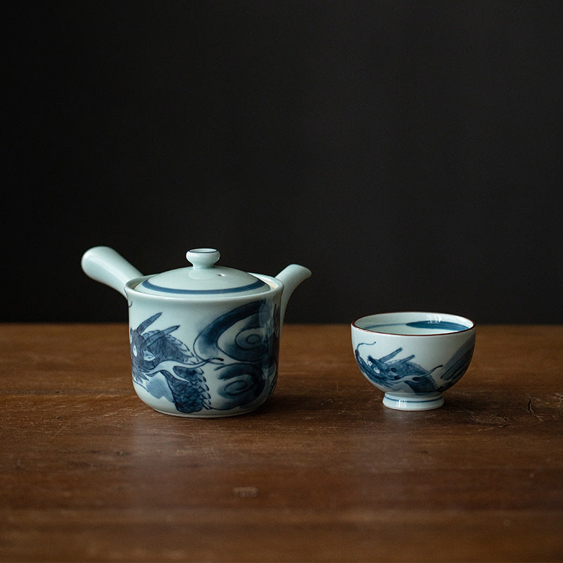 Japanese blue and white porcelain teapot with dragon design