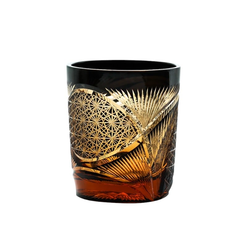 Vintage whiskey glass with Japanese crane feather pattern in amber crystal, featuring Edo Kiriko craftsmanship.