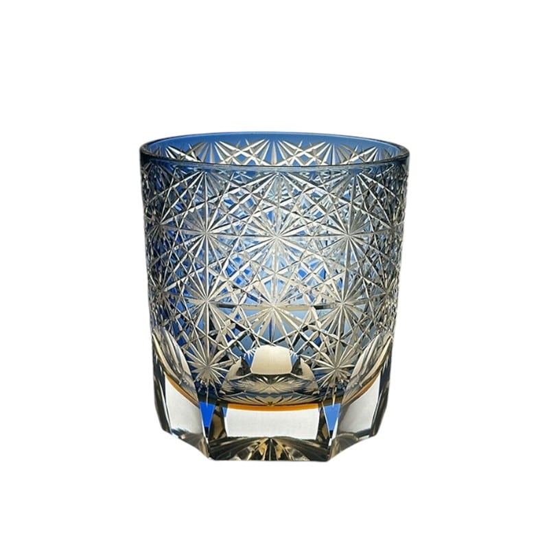 Blue daisy whiskey glass with Edo Kiriko crystal cut design in palace-inspired style.