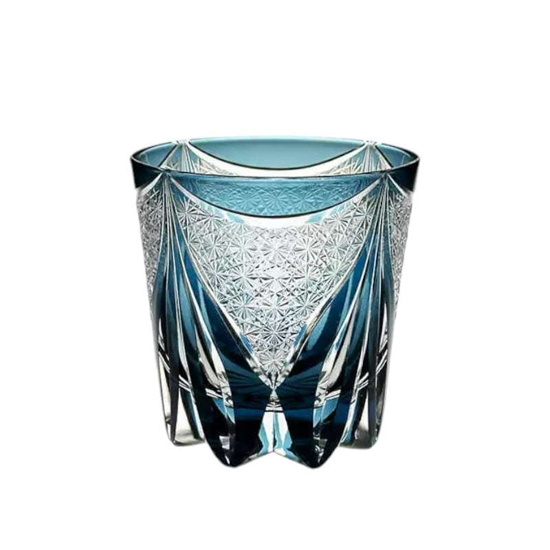 Handcrafted Sanctuary Blue Ice whiskey glass with Japanese Edo Kiriko design in double-layer crystal.