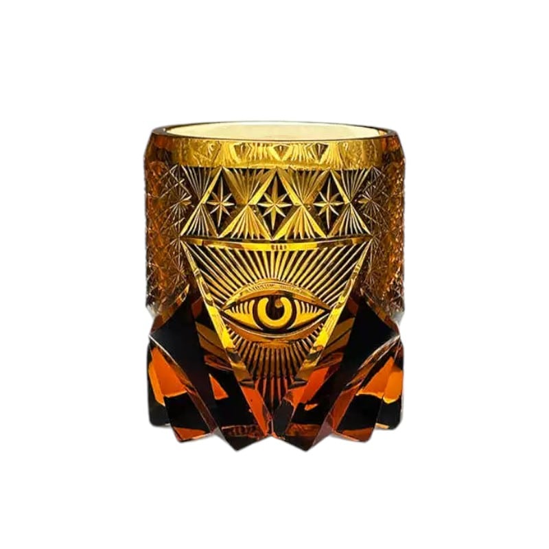 Eye of Providence whiskey glass with Edo Kiriko crystal craftsmanship and amber tones.
