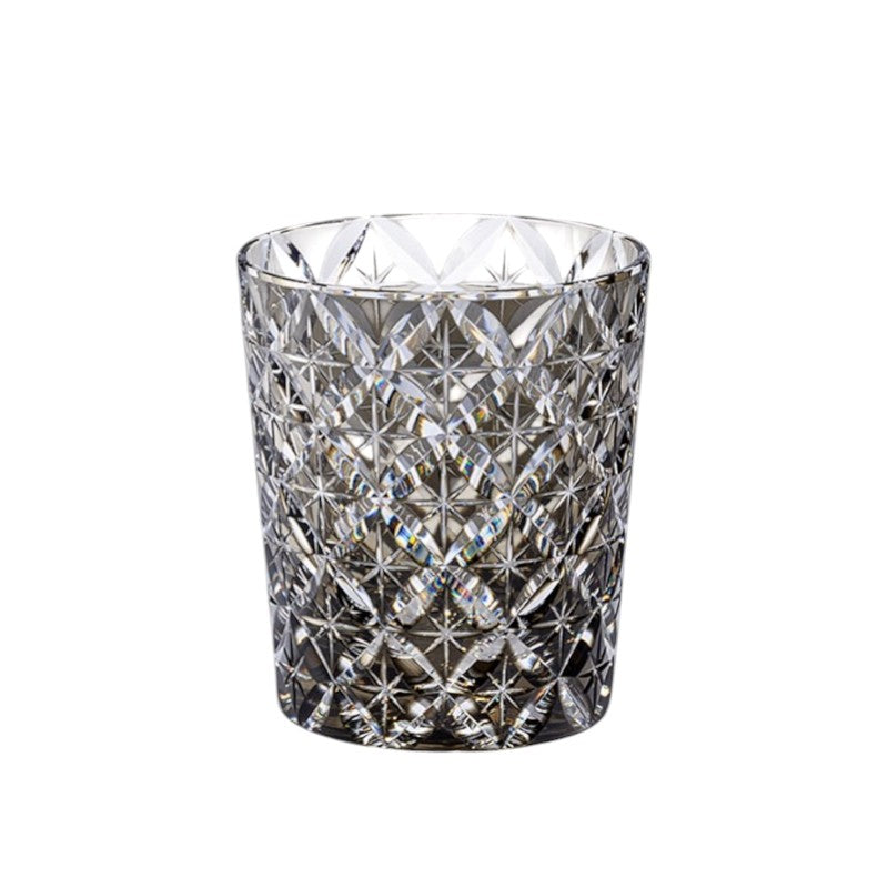 Luxury crystal whiskey glass with European palace-style cut pattern, 300mL capacity.