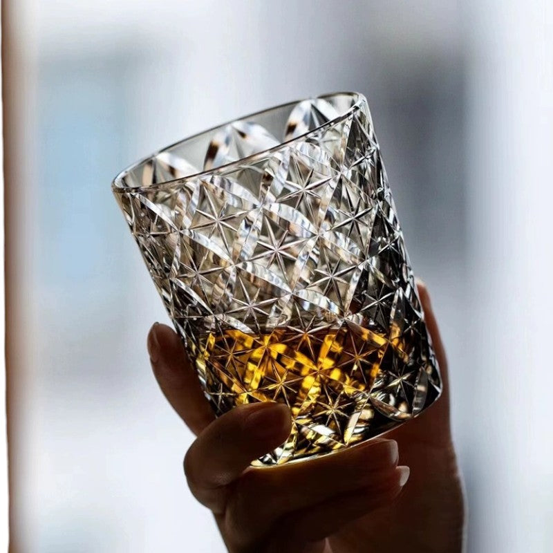 Luxury crystal whiskey glass with European palace-style cut pattern, 300mL capacity.