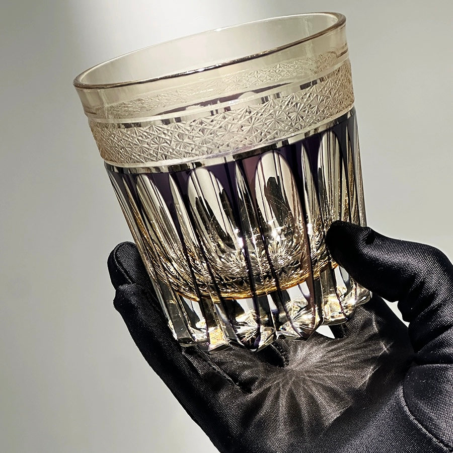 Kikiro Amber Wish Edo Kiriko handcrafted crystal whiskey glass, 360mL capacity.