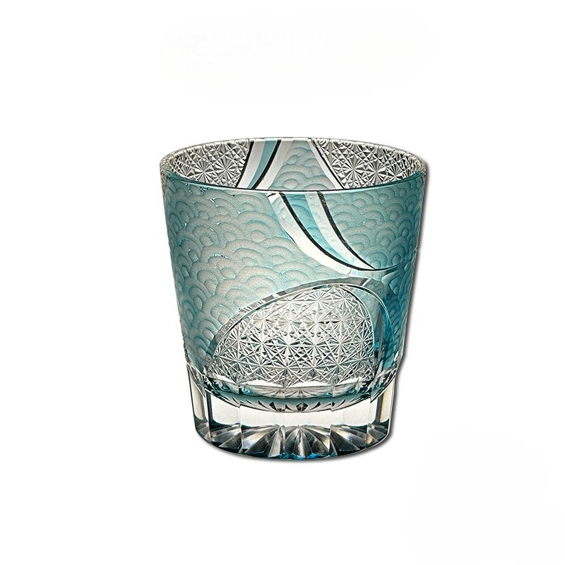 Handcrafted Ink Blue Edo Kiriko whiskey glass with cloud motif, 260mL capacity.