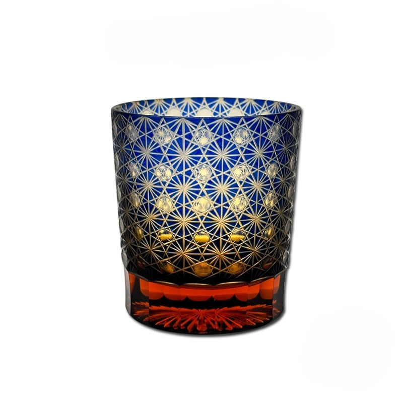 Amber and blue chrysanthemum whiskey glass with Edo Kiriko crystal cut pattern, 280mL capacity.