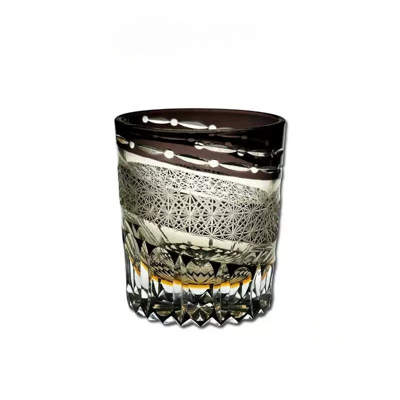 Handcrafted Edo Kiriko whiskey glass with celestial design, 280mL capacity.