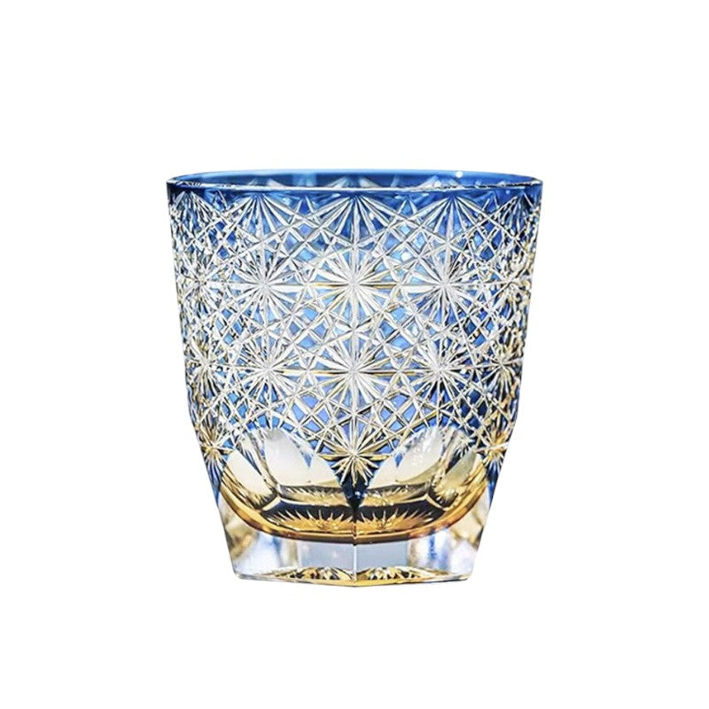 Handcrafted Blue Chrysanthemum Edo Kiriko whiskey glass, 260mL capacity.