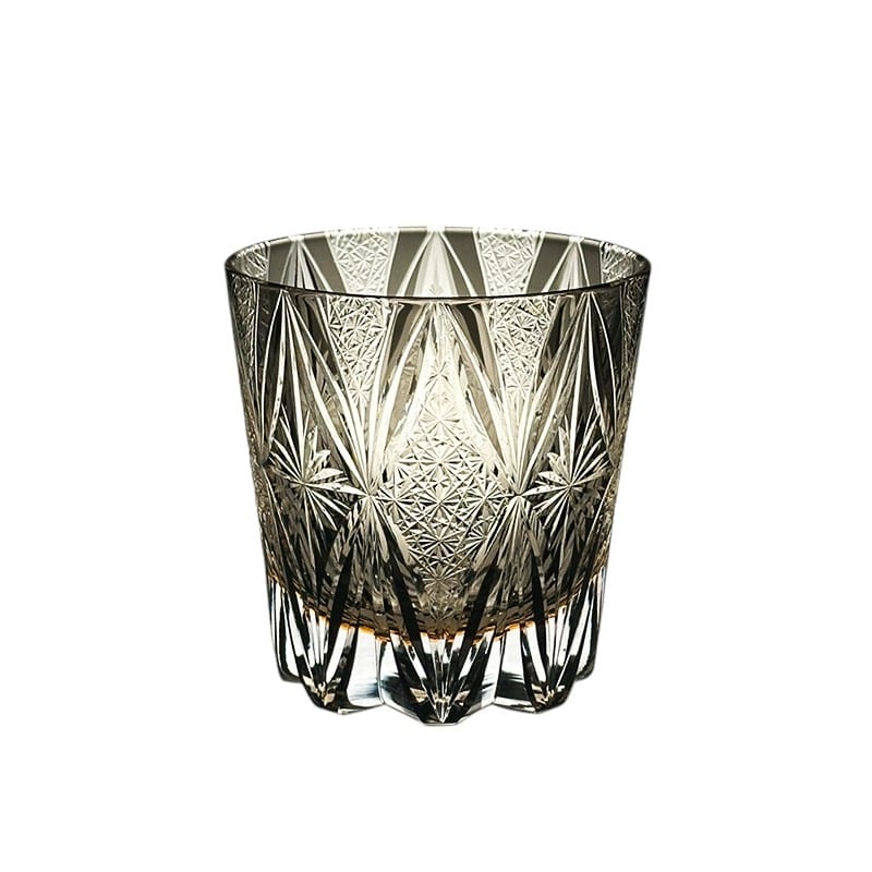 Vintage black whiskey glass with intricate Edo Kiriko crystal cut design, 280mL capacity.