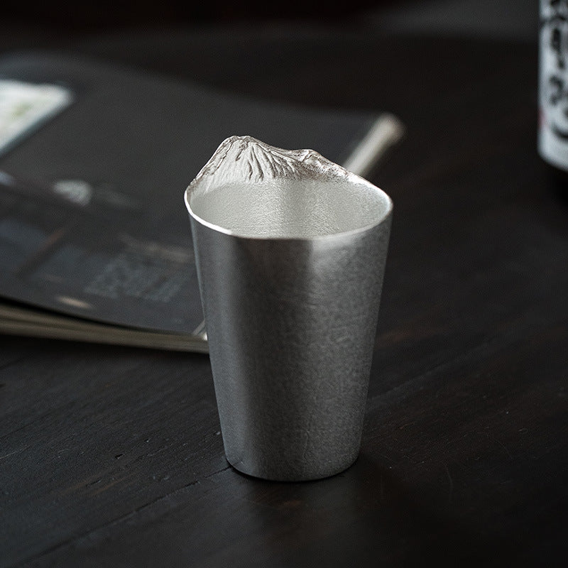 Handcrafted Japanese tin beer cup with Mount Fuji design