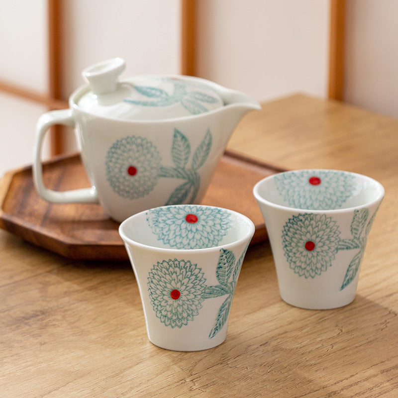 Hasami porcelain tea set with floral teapot and cups