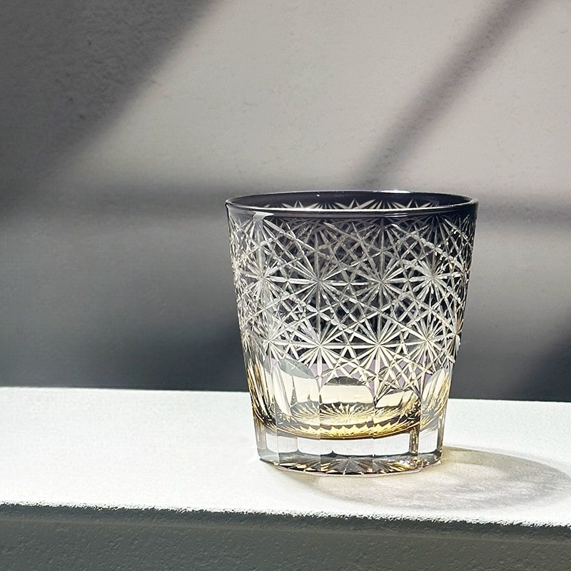 Mystic purple whiskey glass with vintage daisy pattern and Edo Kiriko craftsmanship.