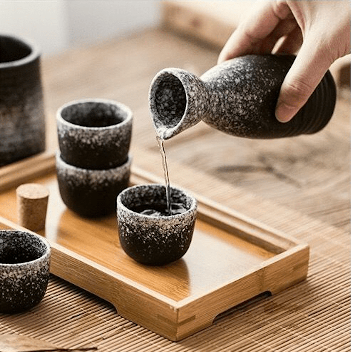 Japanese-inspired sake drinking set with cork stopper bottle.
