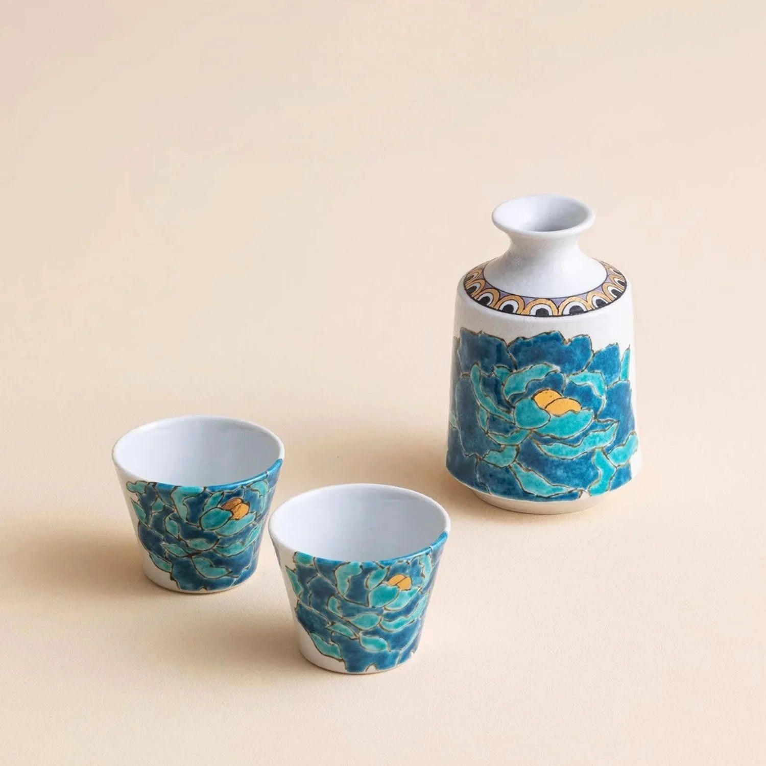 Blue Peony Ceramic Sake Set