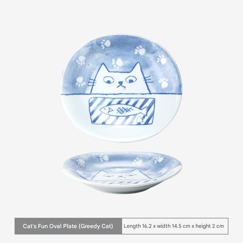 Authentic Japanese Mino-yaki Cat Plates - Ceramic Tableware