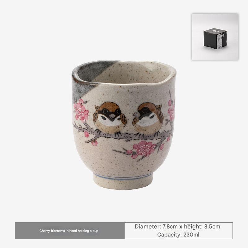 Handcrafted Sparrow and Cherry Blossom Ceramic Cup