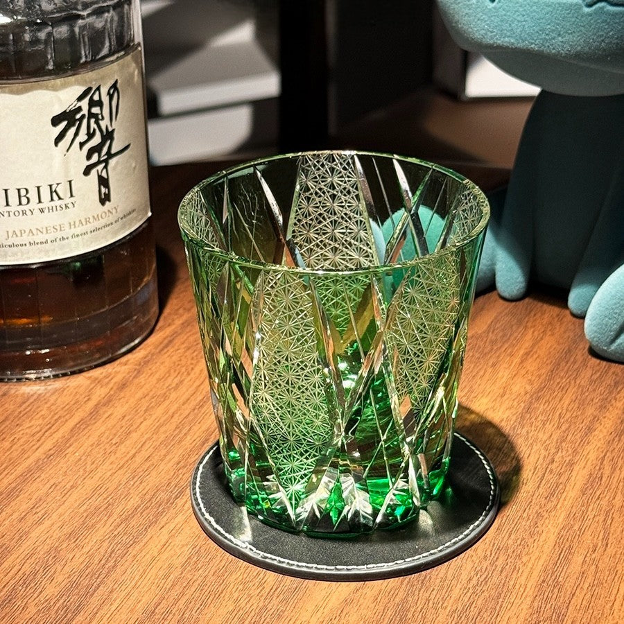 Cypress Green Edo Kiriko whiskey glass, 350mL handcrafted crystal with traditional Japanese carvings.