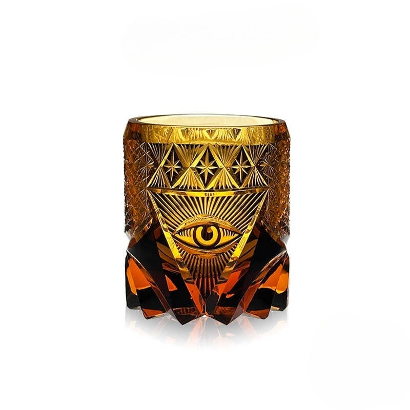 Amber "Eye of Providence" Edo Kiriko whiskey glass, 280mL handcrafted crystal with symbolic Japanese design.