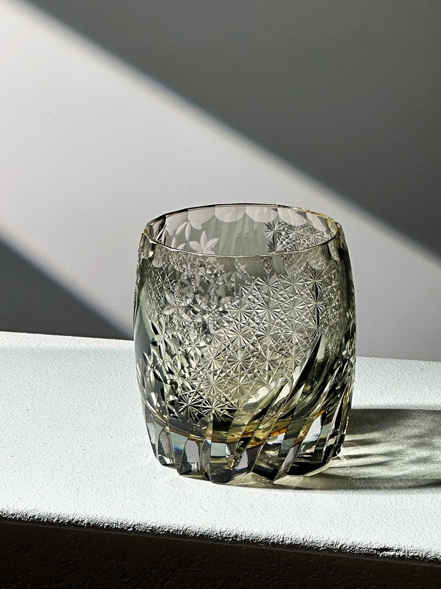 Dancing Breeze handcrafted crystal whiskey glass, 260mL, featuring intricate Japanese-inspired floral patterns.