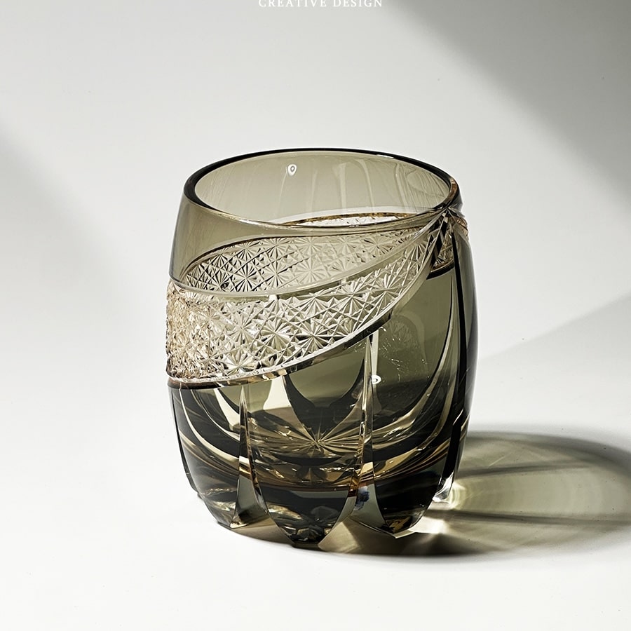 Thunder Light Edo Kiriko whiskey glass, 320mL hand-carved crystal with intricate Japanese design in a smoky tint.