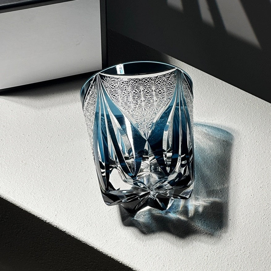 Sanctuary Blue Edo Kiriko handcrafted whiskey glass with intricate carvings, 260mL crystal glass.