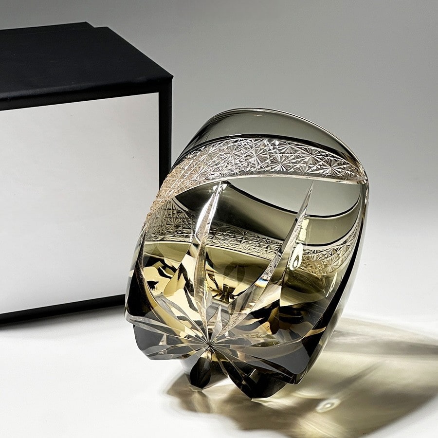 Thunder Light Edo Kiriko whiskey glass, 320mL hand-carved crystal with intricate Japanese design in a smoky tint.