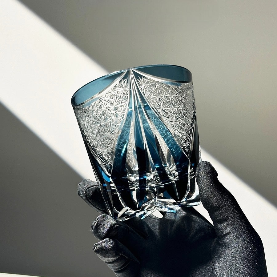 Sanctuary Blue Edo Kiriko handcrafted whiskey glass with intricate carvings, 260mL crystal glass.