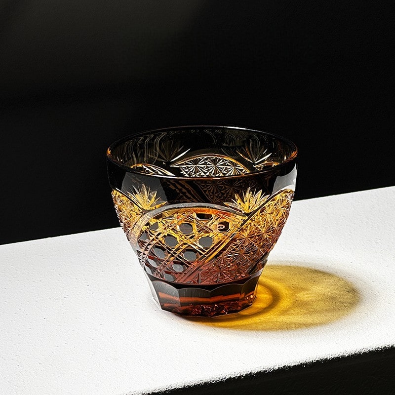 Amber "Cold Moon Night" hand-carved crystal glass, 160mL, with intricate Japanese-inspired design, ideal for whiskey or sake.