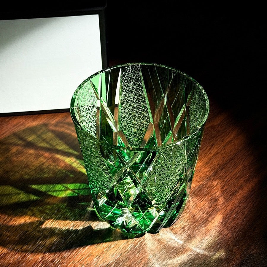 Cypress Green Edo Kiriko whiskey glass, 350mL handcrafted crystal with traditional Japanese carvings.