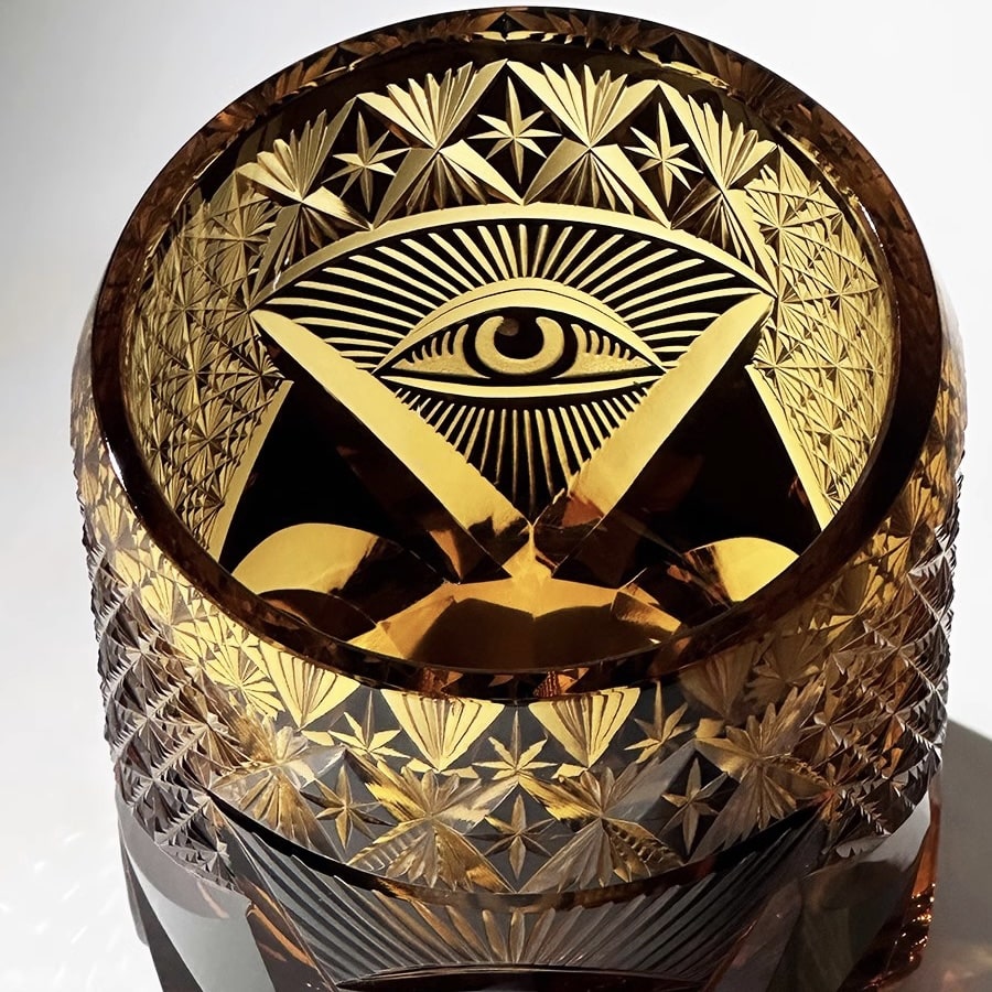 Amber "Eye of Providence" Edo Kiriko whiskey glass, 280mL handcrafted crystal with symbolic Japanese design.