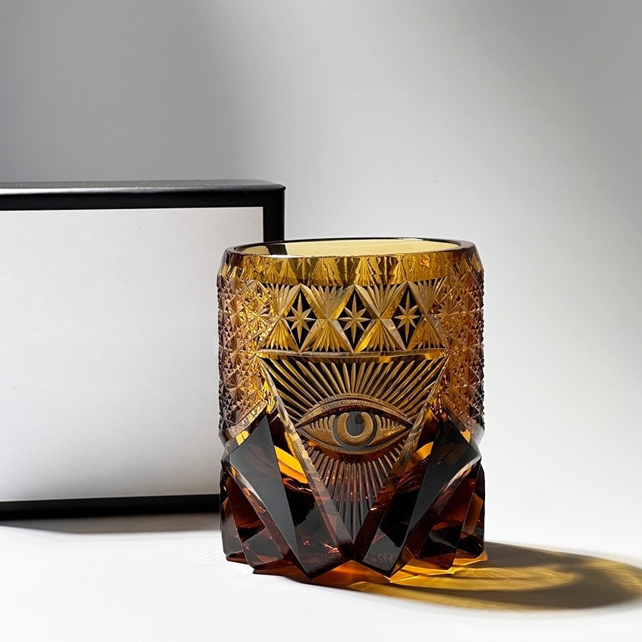 Amber "Eye of Providence" Edo Kiriko whiskey glass, 280mL handcrafted crystal with symbolic Japanese design.