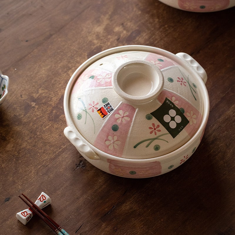 Japanese ceramic casserole pot with floral hand-painted design