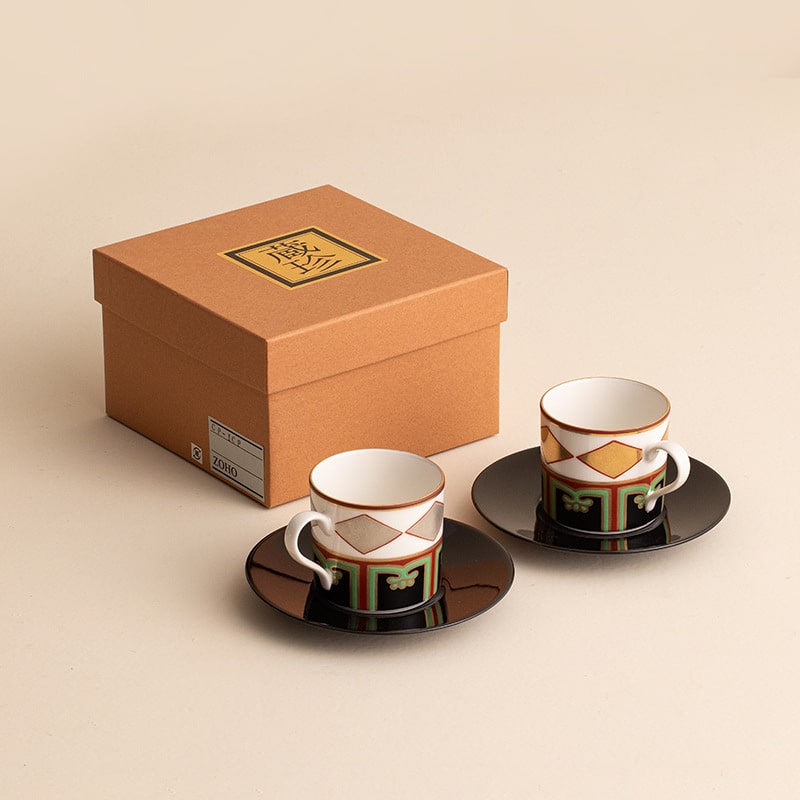 Elegant Japanese Mino ware couple cups with red floral painting.
