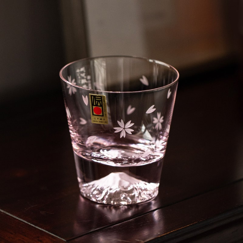 Japanese Mount Fuji whiskey glass with cherry blossom design