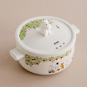 Moomin ceramic soup pot featuring playful cherry illustrations.