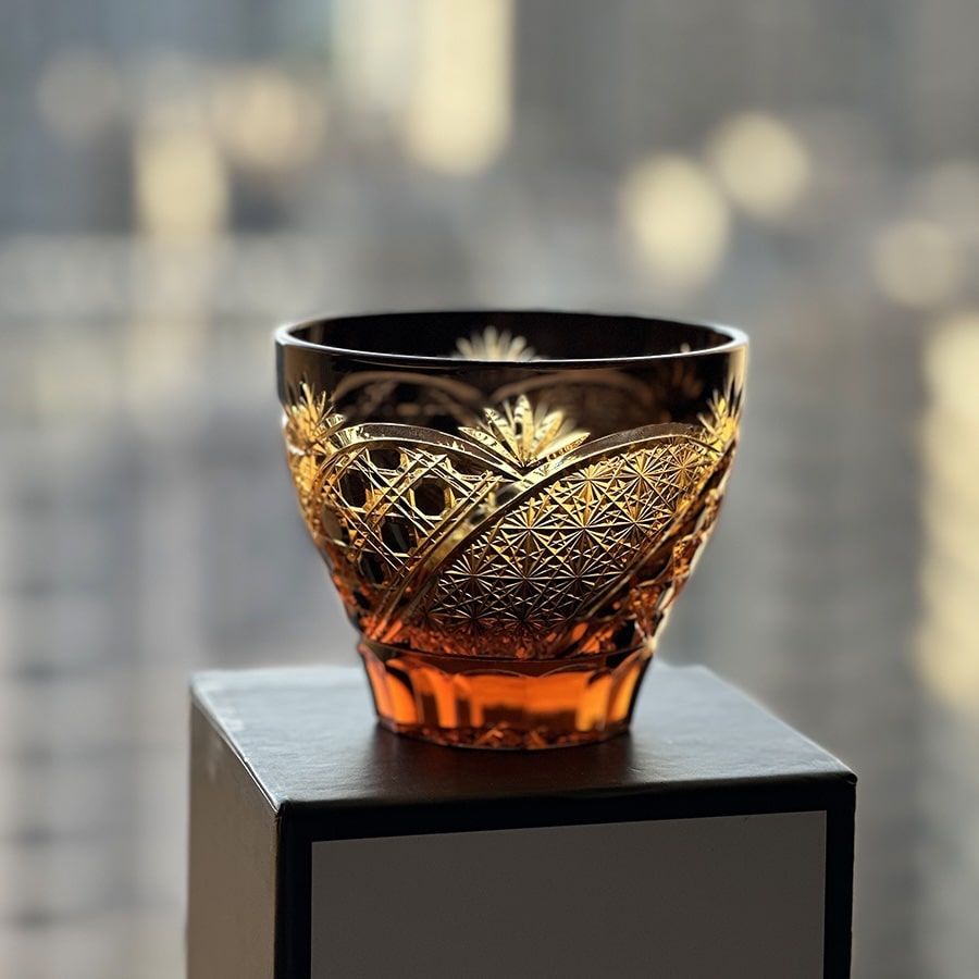 Amber "Cold Moon Night" hand-carved crystal glass, 160mL, with intricate Japanese-inspired design, ideal for whiskey or sake.