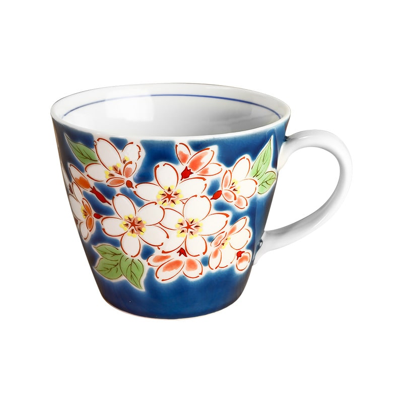 Vibrant cherry blossom mug with intricate hand-painted details