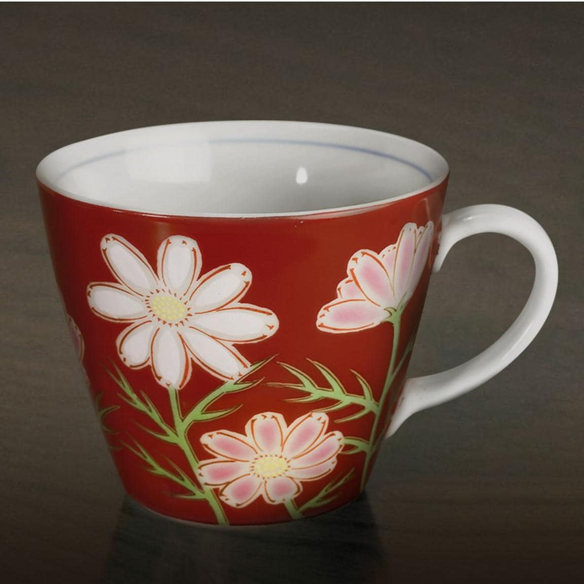 Red cosmos flower mug with white and pink floral patterns