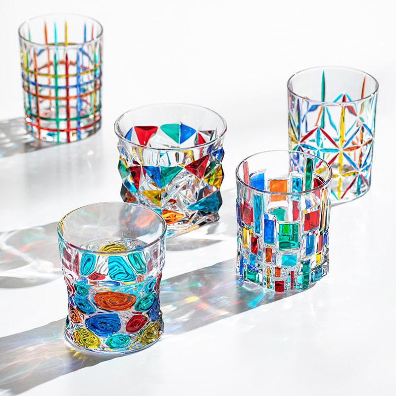 Set of Italian Murano stained mosaic whiskey glasses