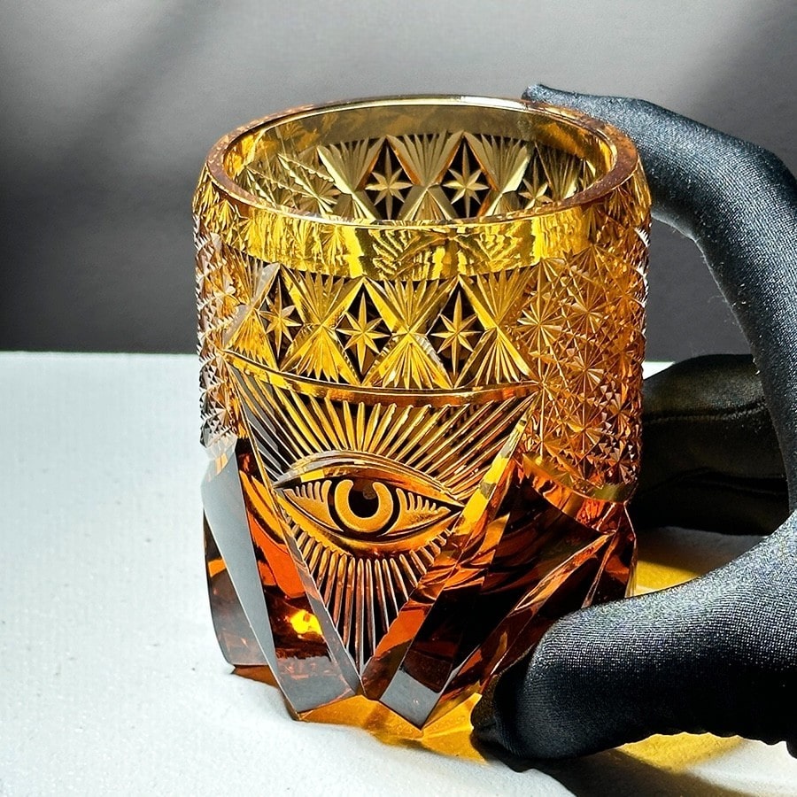 Amber "Eye of Providence" Edo Kiriko whiskey glass, 280mL handcrafted crystal with symbolic Japanese design.