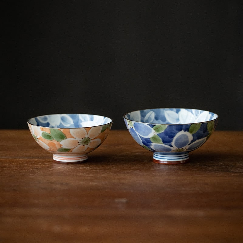 Blue floral ceramic bowl on a wooden table