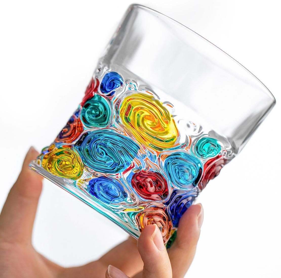 Set of Italian Murano stained mosaic whiskey glasses