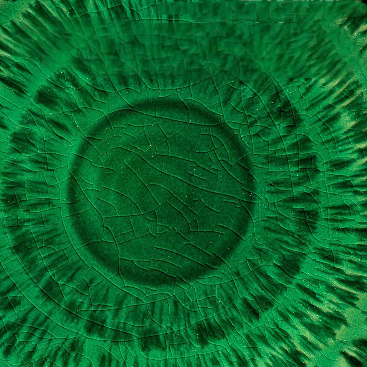 Close-up of green ceramic plate with intricate crackle design.